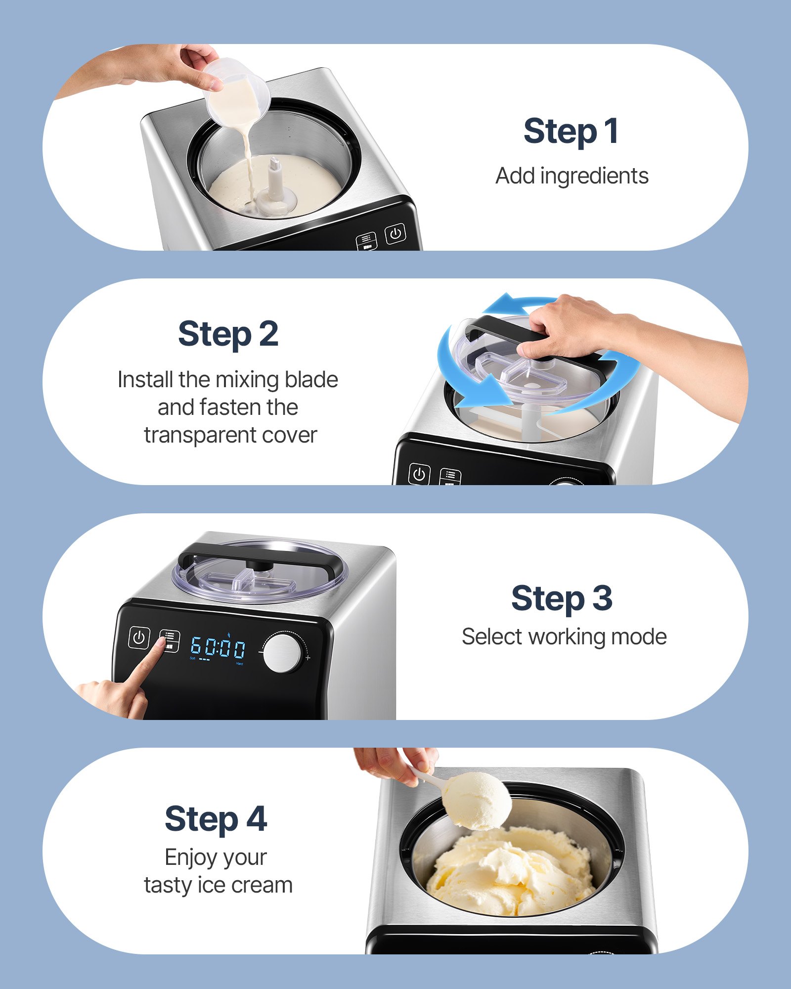 VEVOR Upright Automatic Ice Cream Maker with Built-in Compressor, 2 Quart No Pre-freezing Fruit Yogurt Machine, Stainless Steel Electric Sorbet Maker, 4 Modes Gelato Maker with Digital Display & Timer