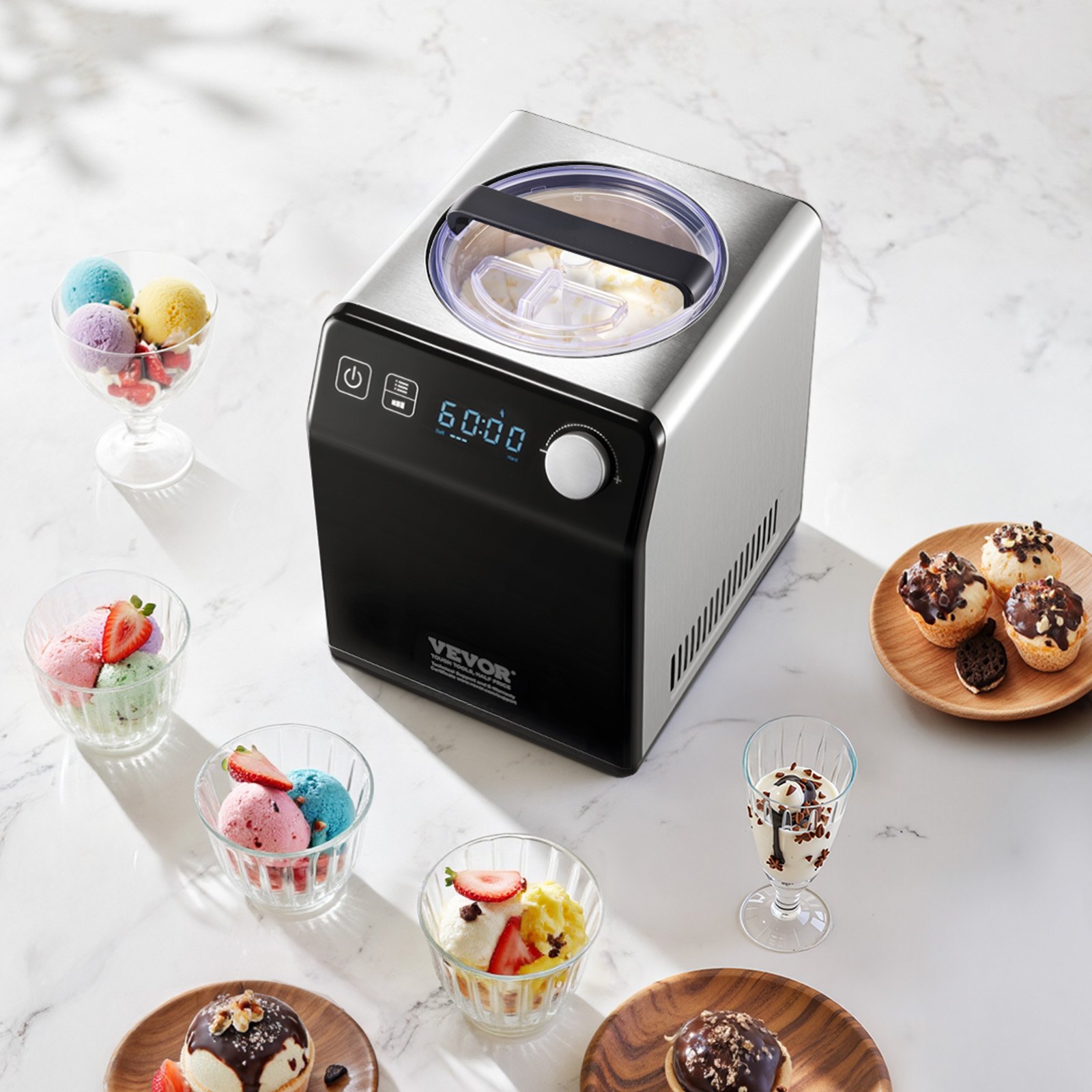 VEVOR Upright Automatic Ice Cream Maker with Built-in Compressor, 2 Quart No Pre-freezing Fruit Yogurt Machine, Stainless Steel Electric Sorbet Maker, 4 Modes Gelato Maker with Digital Display & Timer