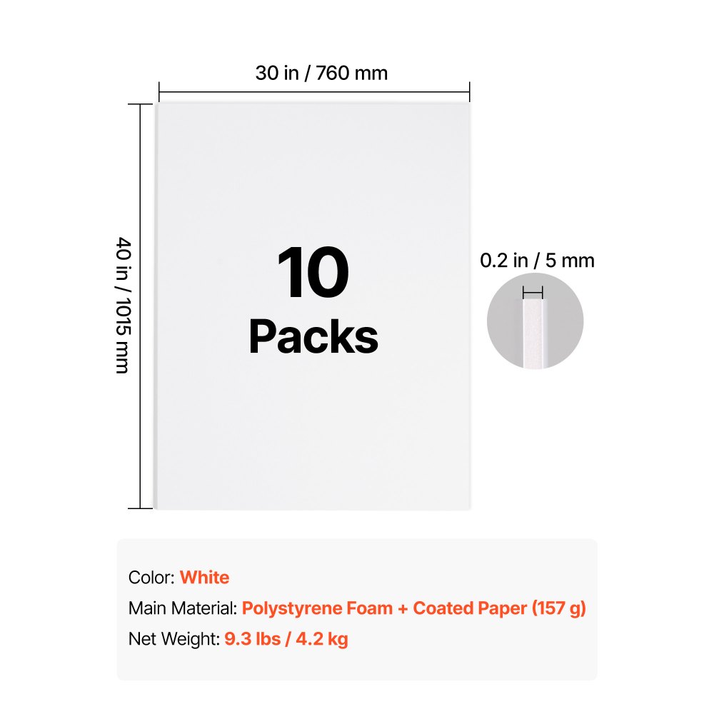VEVOR Foam Board, 10 Pack 760 x 1015 mm, 5 mm Thickness White Poster Board, for Mounting, Crafts, Paintings Prints, Art, Display, Presentation and Projects, Acid-Free Double Sided Foam Core Sheets