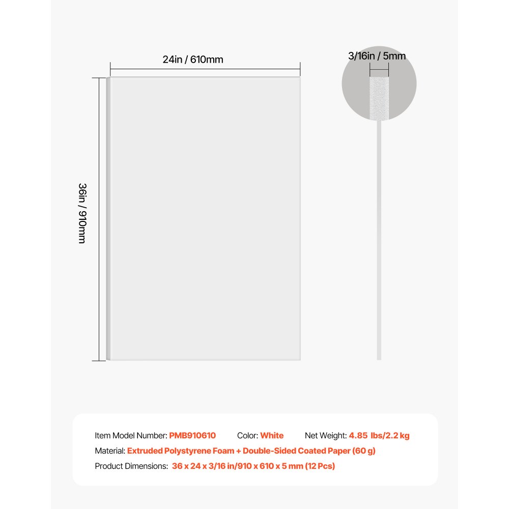 VEVOR Foam Board, 12 Pack 24 x 36 Inch, 3/16 Inch Thickness White Poster Board, Acid-Free Double Sided Foam Core Sheets for Mounting, Crafts, Paintings Prints, Art, Display, Presentation and Projects