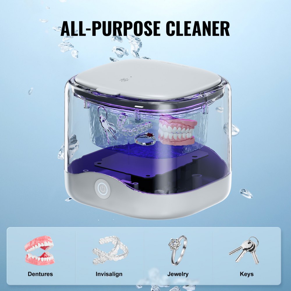 VEVOR Ultrasonic Cleaner for Dentures, 200ML Retainer Cleaner Machine with UV Light, 30W Cleaning Machine for Dental, Retainer, Aligner, Braces, Mouth Guards, Toothbrush Head, Shaver Head, Jewelry