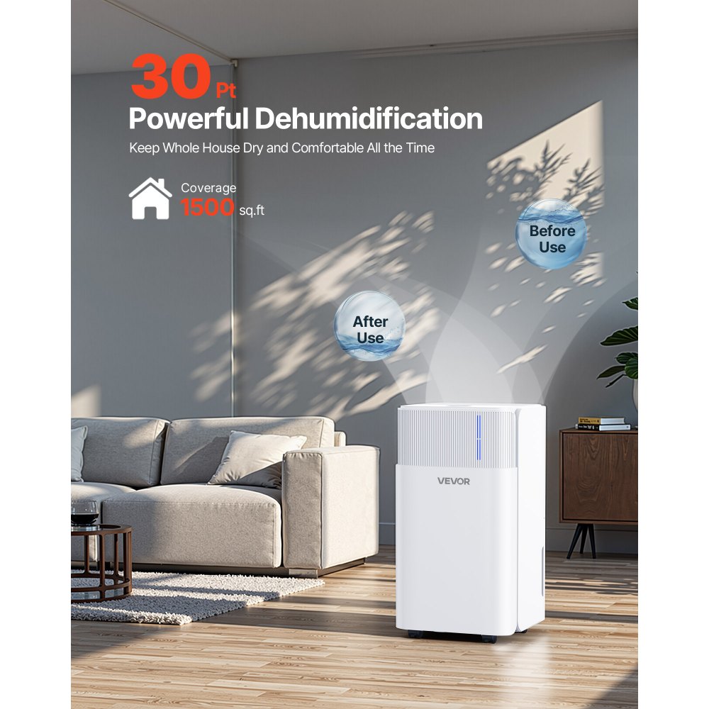 VEVOR 30 Pints Dehumidifier for Home & Basement, Drain Hose for Commercial & Industrial Use, Smart Humidity Control, Low Noise for Large Rooms, Warehouses, Bedrooms & Storage, Large Coverage,White