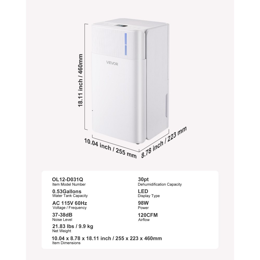 VEVOR 30 Pints Dehumidifier for Home & Basement, Drain Hose for Commercial & Industrial Use, Smart Humidity Control, Low Noise for Large Rooms, Warehouses, Bedrooms & Storage, Large Coverage,White