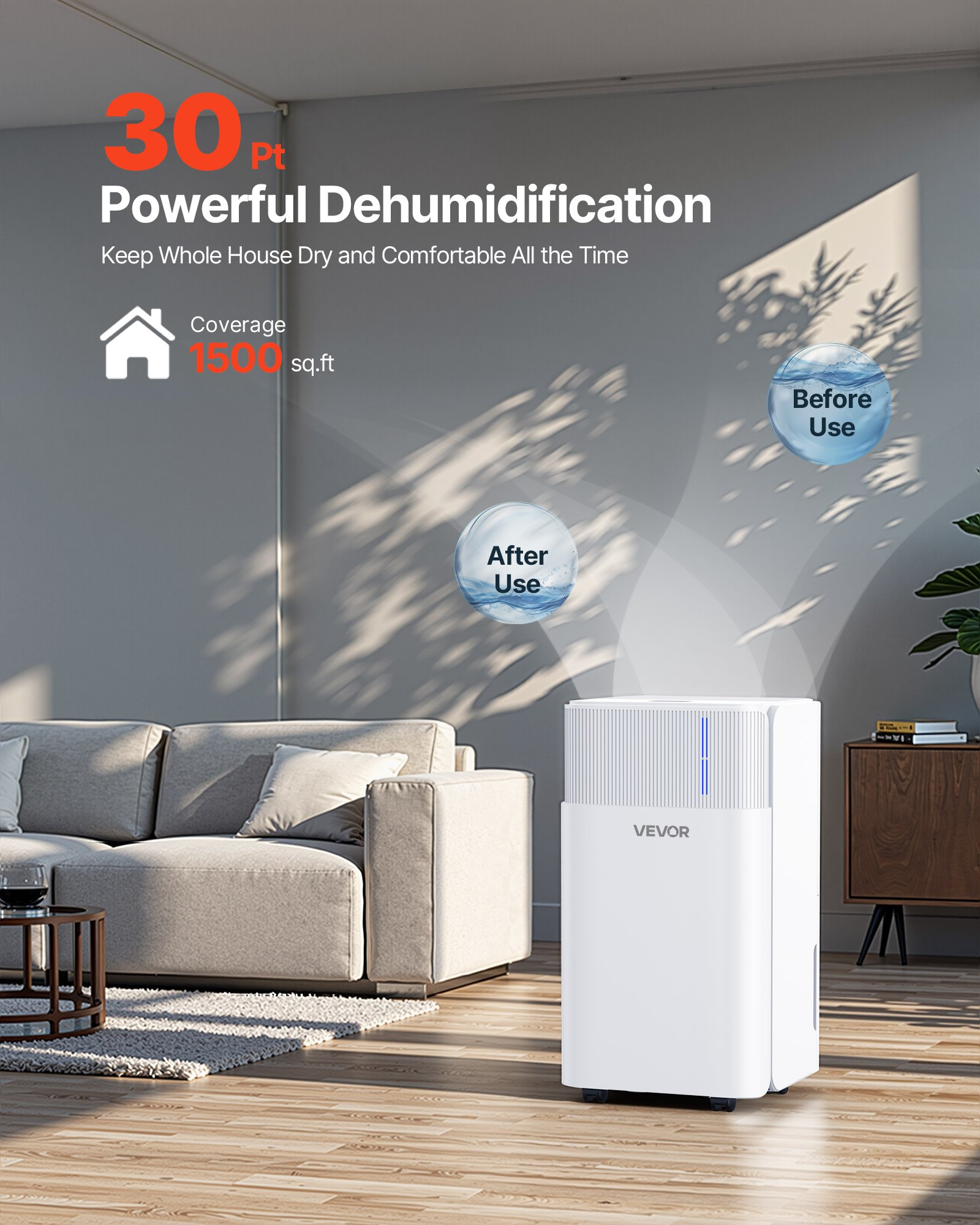 VEVOR 30 Pints Dehumidifier for Home & Basement, Drain Hose for Commercial & Industrial Use, Smart Humidity Control, Low Noise for Large Rooms, Warehouses, Bedrooms & Storage, Large Coverage,White