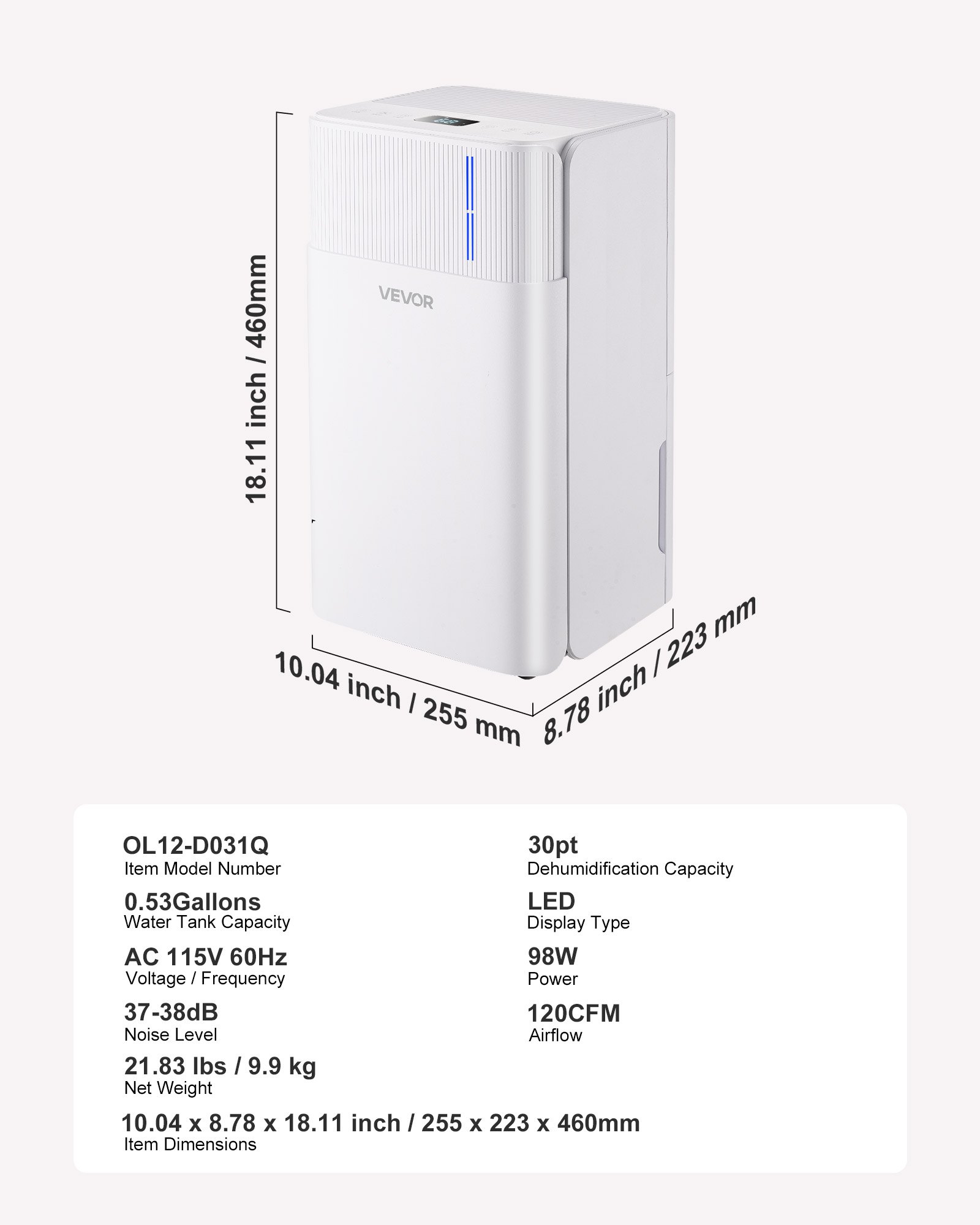 VEVOR 30 Pints Dehumidifier for Home & Basement, Drain Hose for Commercial & Industrial Use, Smart Humidity Control, Low Noise for Large Rooms, Warehouses, Bedrooms & Storage, Large Coverage,White