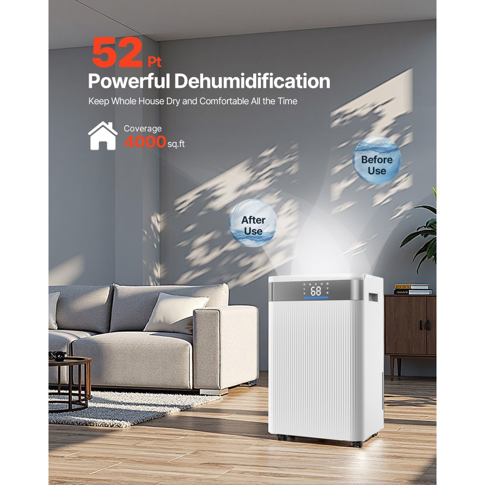VEVOR 52 Pints Dehumidifier for Home & Basement, Drain Hose for Commercial & Industrial Use, Smart Humidity Control, Low Noise for Large Rooms, Warehouses, Bedrooms & Storage, Large Coverage,White