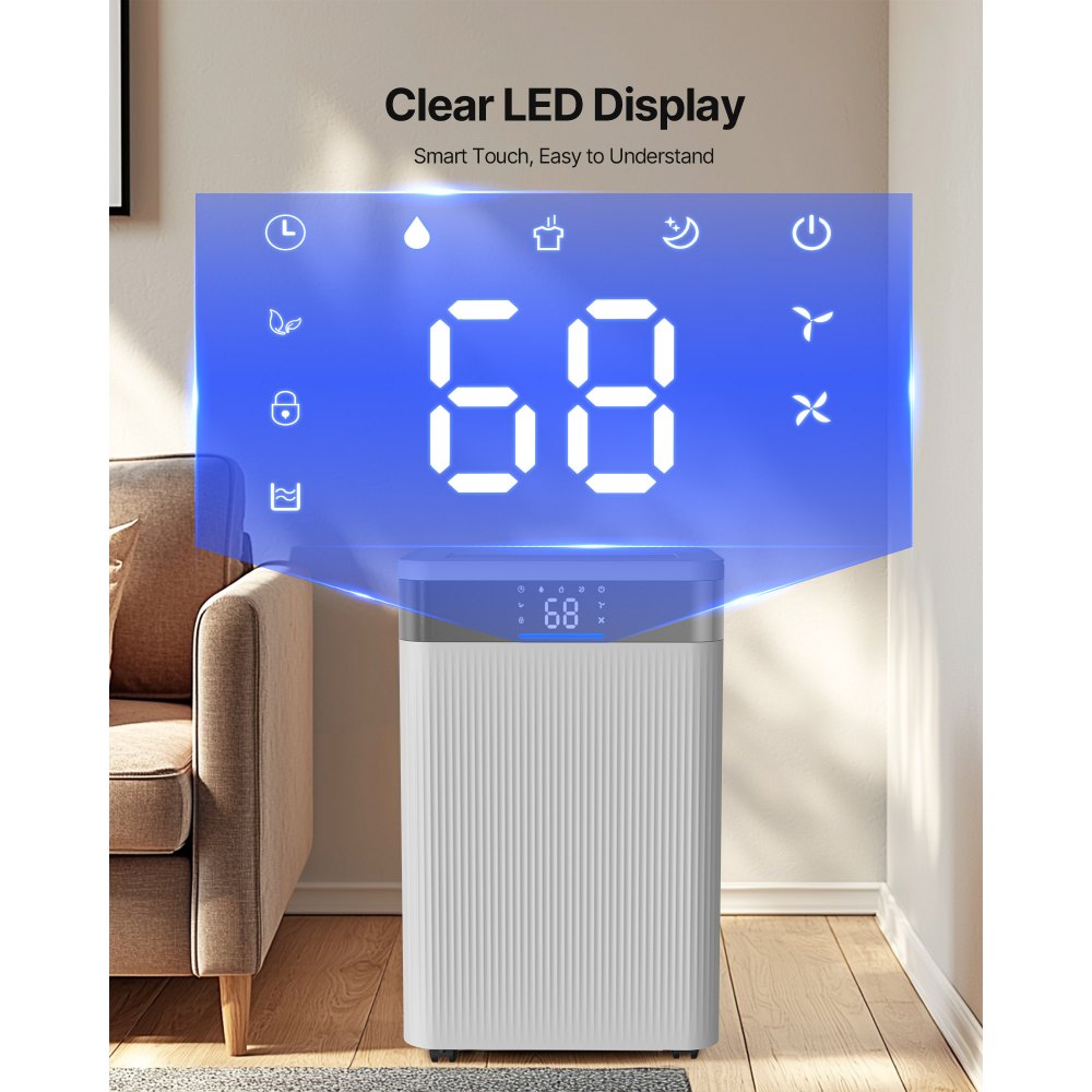 VEVOR 52 Pints Dehumidifier for Home & Basement, Drain Hose for Commercial & Industrial Use, Smart Humidity Control, Low Noise for Large Rooms, Warehouses, Bedrooms & Storage, Large Coverage,White