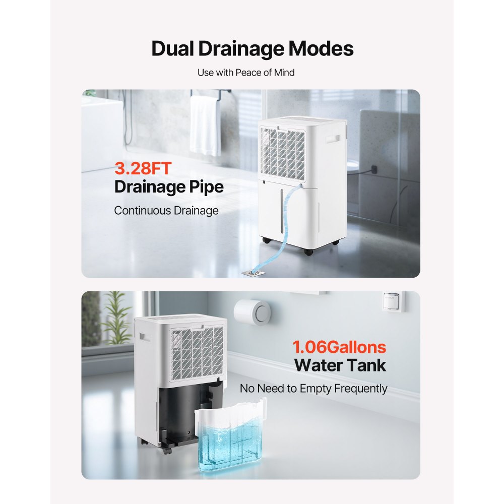 VEVOR 52 Pints Dehumidifier for Home & Basement, Drain Hose for Commercial & Industrial Use, Smart Humidity Control, Low Noise for Large Rooms, Warehouses, Bedrooms & Storage, Large Coverage,White