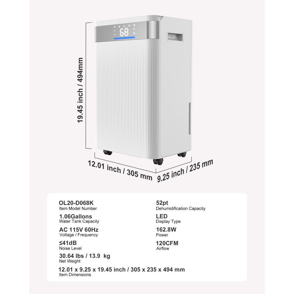 VEVOR 52 Pints Dehumidifier for Home & Basement, Drain Hose for Commercial & Industrial Use, Smart Humidity Control, Low Noise for Large Rooms, Warehouses, Bedrooms & Storage, Large Coverage,White