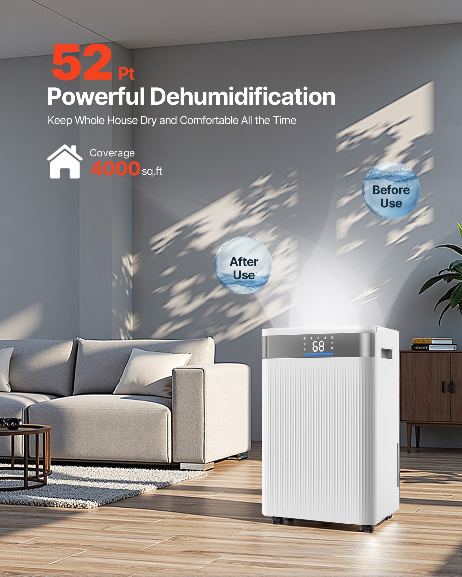 VEVOR 52 Pints Dehumidifier for Home & Basement, Drain Hose for Commercial & Industrial Use, Smart Humidity Control, Low Noise for Large Rooms, Warehouses, Bedrooms & Storage, Large Coverage,White