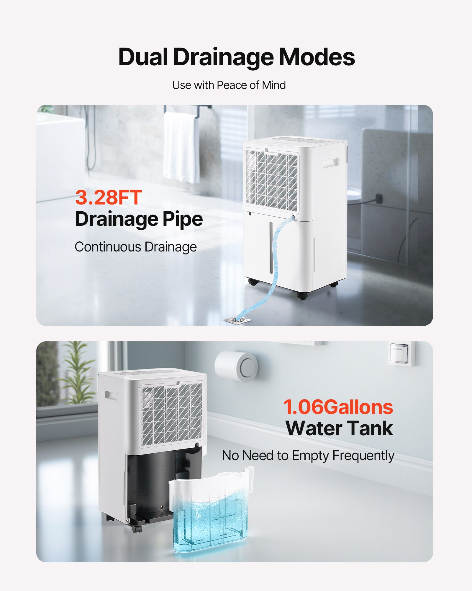 VEVOR 52 Pints Dehumidifier for Home & Basement, Drain Hose for Commercial & Industrial Use, Smart Humidity Control, Low Noise for Large Rooms, Warehouses, Bedrooms & Storage, Large Coverage,White