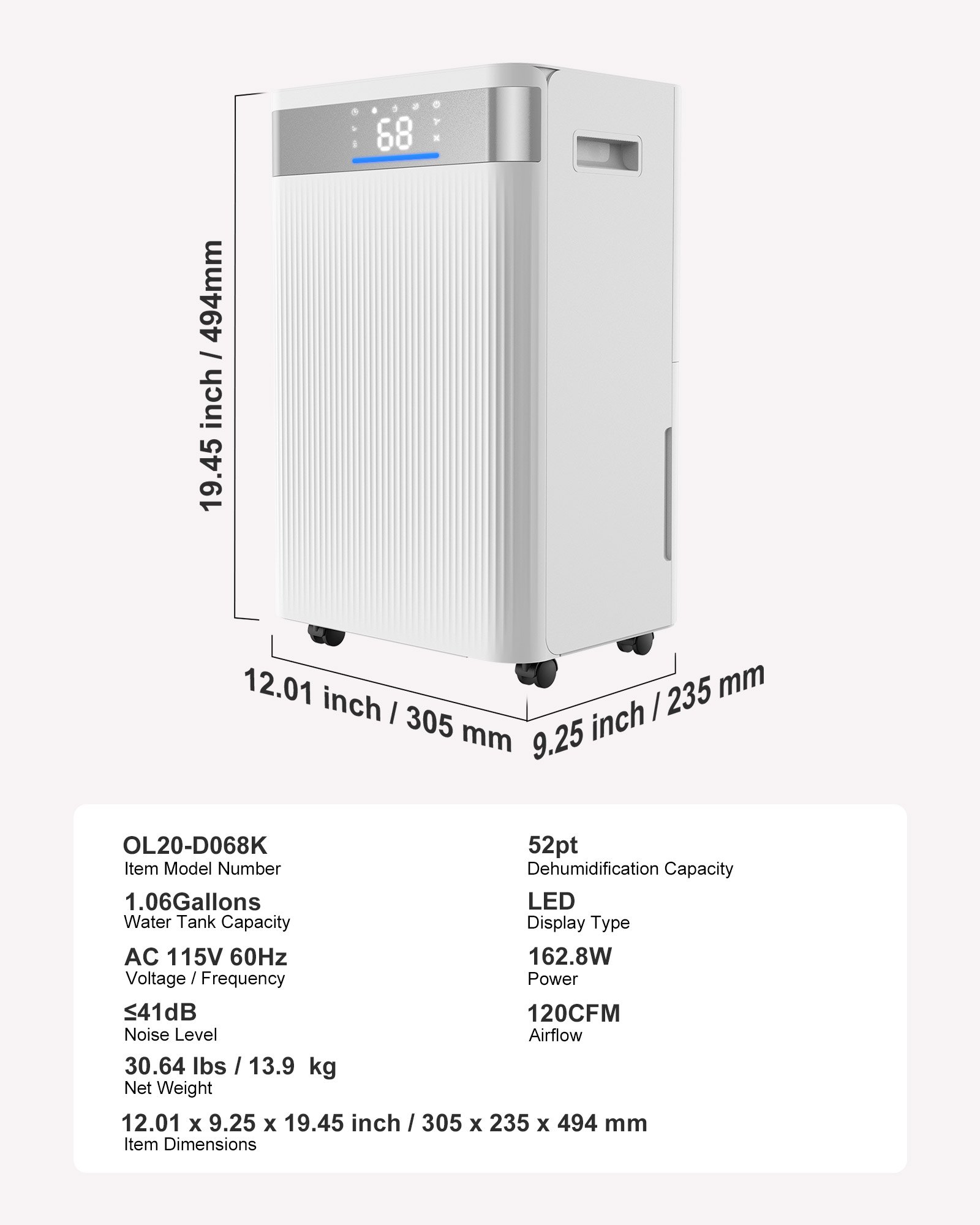 VEVOR 52 Pints Dehumidifier for Home & Basement, Drain Hose for Commercial & Industrial Use, Smart Humidity Control, Low Noise for Large Rooms, Warehouses, Bedrooms & Storage, Large Coverage,White