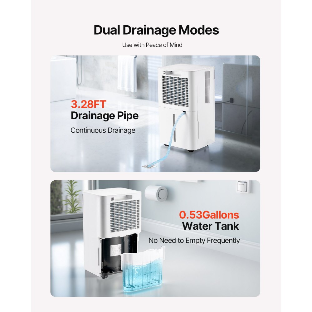 VEVOR 35 Pints Dehumidifier for Home & Basement, Drain Hose for Commercial & Industrial Use, Smart Humidity Control, Low Noise for Large Rooms, Warehouses, Bedrooms & Storage, Large Coverage,White