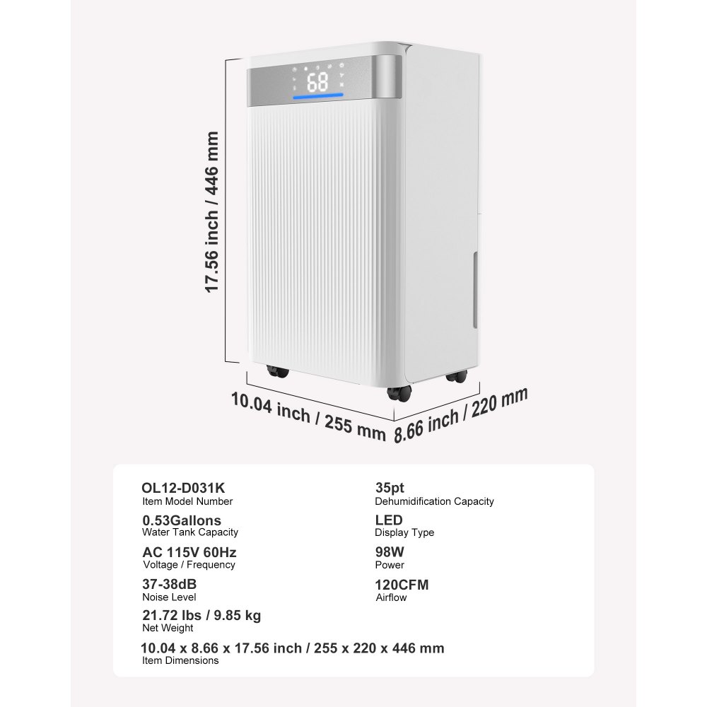 VEVOR 35 Pints Dehumidifier for Home & Basement, Drain Hose for Commercial & Industrial Use, Smart Humidity Control, Low Noise for Large Rooms, Warehouses, Bedrooms & Storage, Large Coverage,White