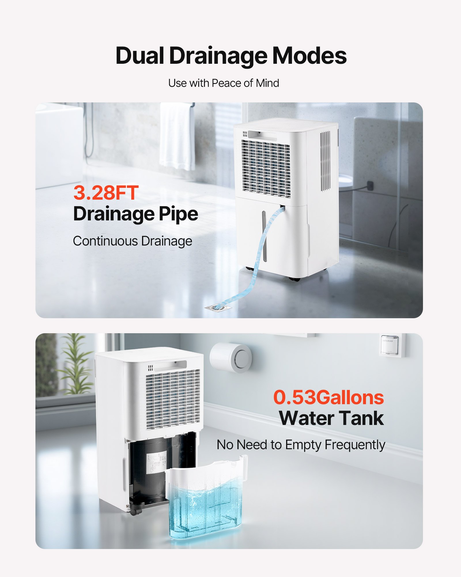 VEVOR 35 Pints Dehumidifier for Home & Basement, Drain Hose for Commercial & Industrial Use, Smart Humidity Control, Low Noise for Large Rooms, Warehouses, Bedrooms & Storage, Large Coverage,White