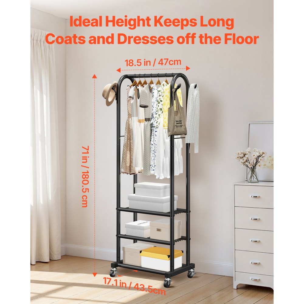 VEVOR Clothes Rack, Rolling Clothing Garment Rack with Hanging Rod and Side Hooks, 3 Storage Shelves, 45 kg Load Capacity, Heavy Duty Carbon Steel Clothing Racks for Bedroom, Laundry, Living Room