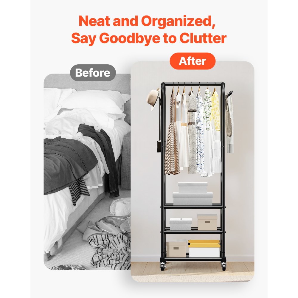 VEVOR Clothes Rack, Rolling Clothing Garment Rack with Hanging Rod and Side Hooks, 3 Storage Shelves, 45 kg Load Capacity, Heavy Duty Carbon Steel Clothing Racks for Bedroom, Laundry, Living Room