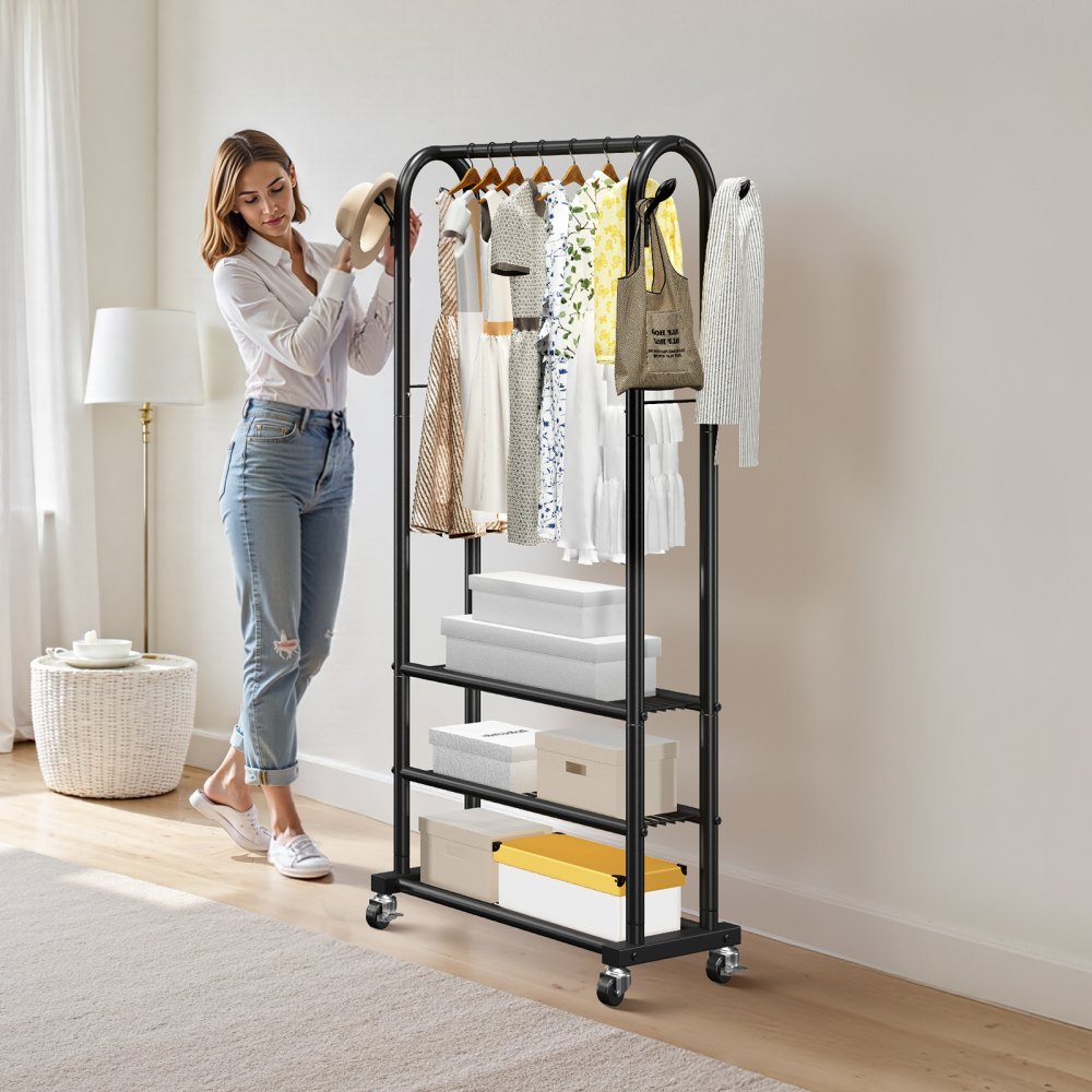 VEVOR Clothes Rack, Rolling Clothing Garment Rack with Hanging Rod and Side Hooks, 3 Storage Shelves, 99 lbs Load Capacity, Heavy Duty Carbon Steel Clothing Racks for Bedroom, Laundry, Living Room