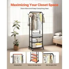 VEVOR Clothes Rack, Rolling Clothing Garment Rack with Hanging Rod and Side Hooks, 3 Storage Shelves, 99 lbs Load Capacity, Heavy Duty Carbon Steel Clothing Racks for Bedroom, Laundry, Living Room