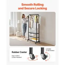 VEVOR Clothes Rack, Rolling Clothing Garment Rack with Hanging Rod and Side Hooks, 3 Storage Shelves, 99 lbs Load Capacity, Heavy Duty Carbon Steel Clothing Racks for Bedroom, Laundry, Living Room