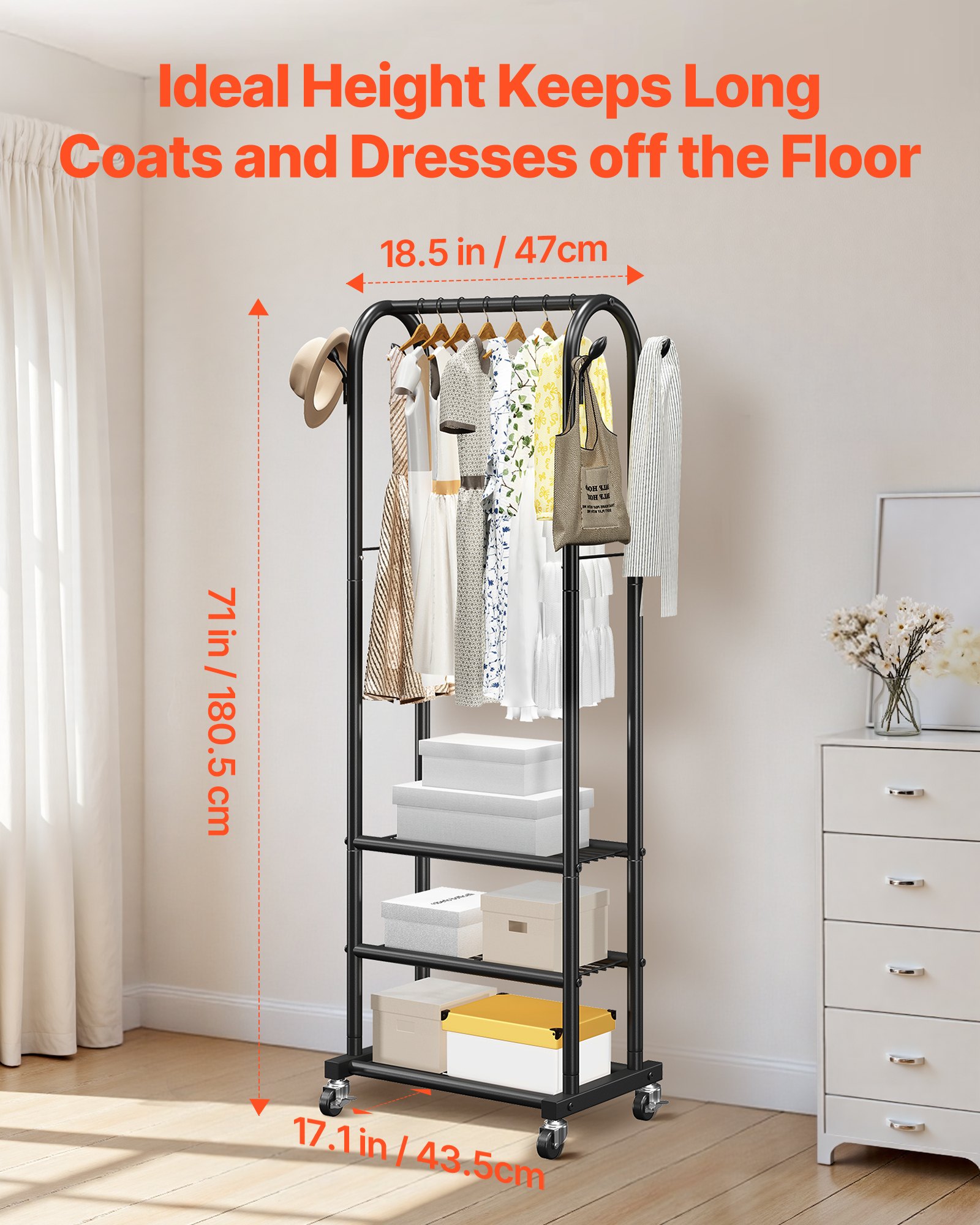 VEVOR Clothes Rack, Rolling Clothing Garment Rack with Hanging Rod and Side Hooks, 3 Storage Shelves, 45 kg Load Capacity, Heavy Duty Carbon Steel Clothing Racks for Bedroom, Laundry, Living Room