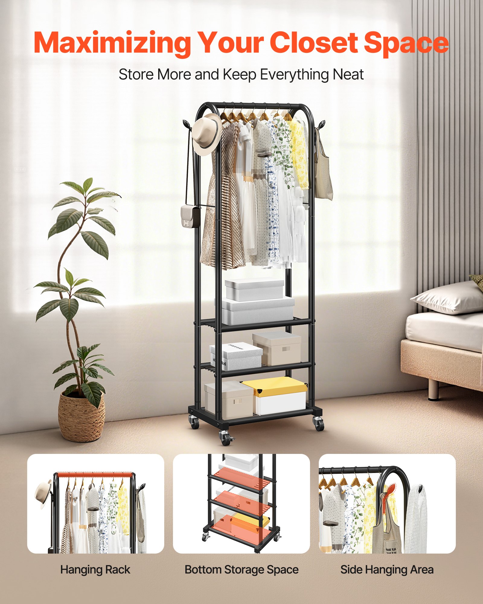 VEVOR Clothes Rack, Rolling Clothing Garment Rack with Hanging Rod and Side Hooks, 3 Storage Shelves, 99 lbs Load Capacity, Heavy Duty Carbon Steel Clothing Racks for Bedroom, Laundry, Living Room