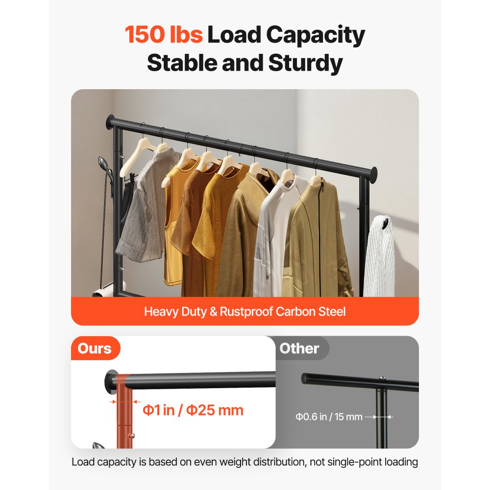 VEVOR Clothes Rack, Rolling Clothing Garment Rack with Adjustable Crossbar and Side Hooks, 68 kg Load Capacity, Heavy Duty Carbon Steel Clothing Racks with Wheels for Bedroom, Laundry, Living Room