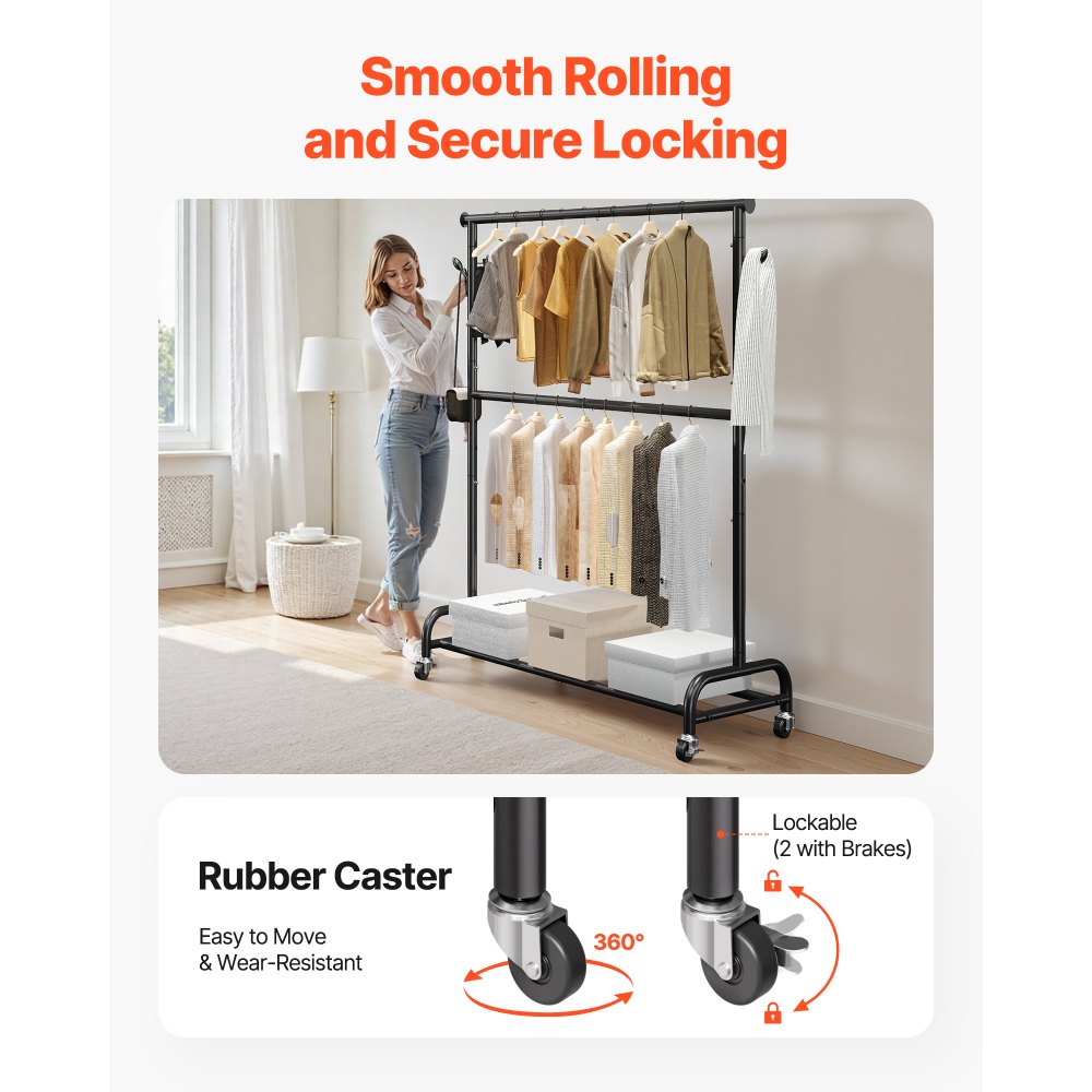 VEVOR Clothes Rack, Rolling Clothing Garment Rack with Adjustable Crossbar and Side Hooks, 68 kg Load Capacity, Heavy Duty Carbon Steel Clothing Racks with Wheels for Bedroom, Laundry, Living Room