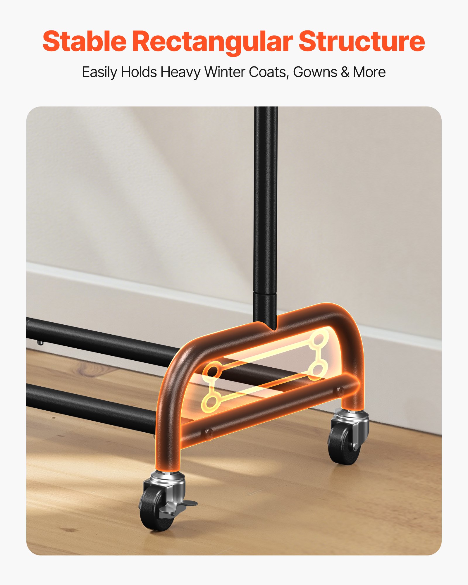 VEVOR Clothes Rack, Rolling Clothing Garment Rack with Adjustable Crossbar and Side Hooks, 68 kg Load Capacity, Heavy Duty Carbon Steel Clothing Racks with Wheels for Bedroom, Laundry, Living Room