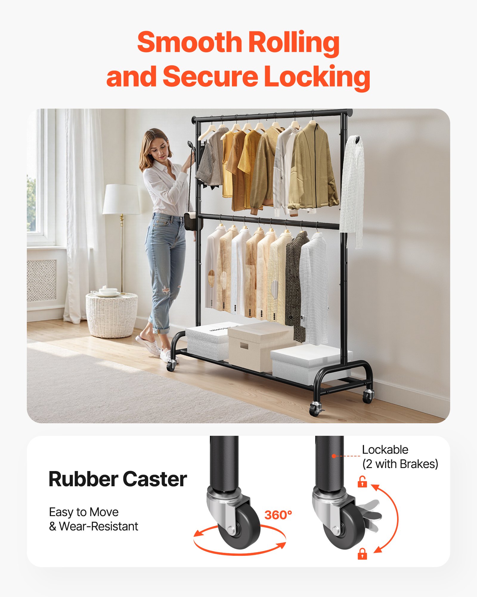 VEVOR Clothes Rack, Rolling Clothing Garment Rack with Adjustable Crossbar and Side Hooks, 68 kg Load Capacity, Heavy Duty Carbon Steel Clothing Racks with Wheels for Bedroom, Laundry, Living Room