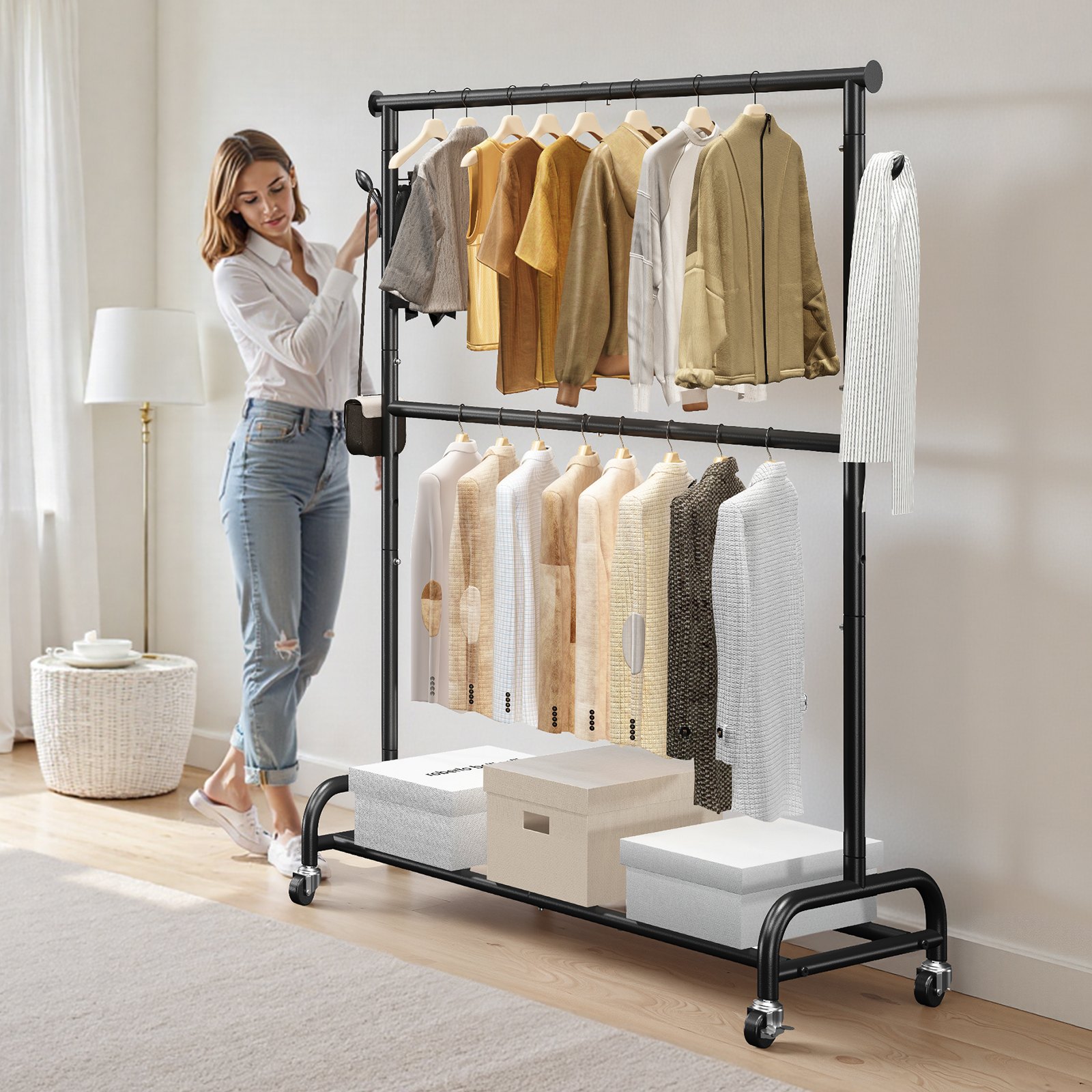 VEVOR Clothes Rack, Rolling Clothing Garment Rack with Adjustable Crossbar and Side Hooks, 68 kg Load Capacity, Heavy Duty Carbon Steel Clothing Racks with Wheels for Bedroom, Laundry, Living Room