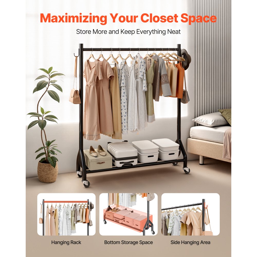 VEVOR Clothes Rack, Rolling Clothing Garment Rack with Hanging Rod and Side Hooks, 90 kg Load Capacity, Heavy Duty Carbon Steel Clothing Racks with Wheels, Ideal for Bedroom, Laundry, Living Room