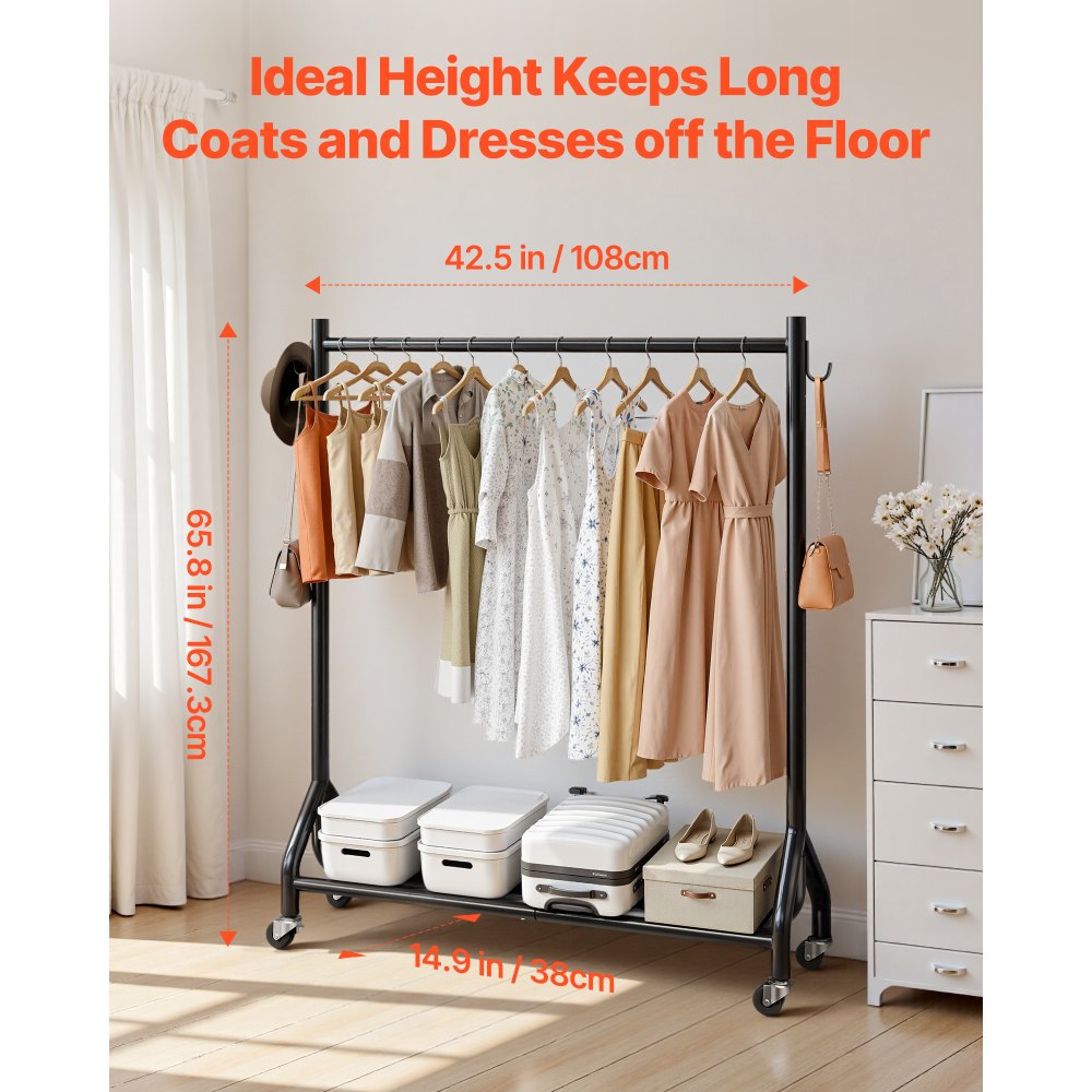 VEVOR Clothes Rack, Rolling Clothing Garment Rack with Hanging Rod and Side Hooks, 90 kg Load Capacity, Heavy Duty Carbon Steel Clothing Racks with Wheels, Ideal for Bedroom, Laundry, Living Room