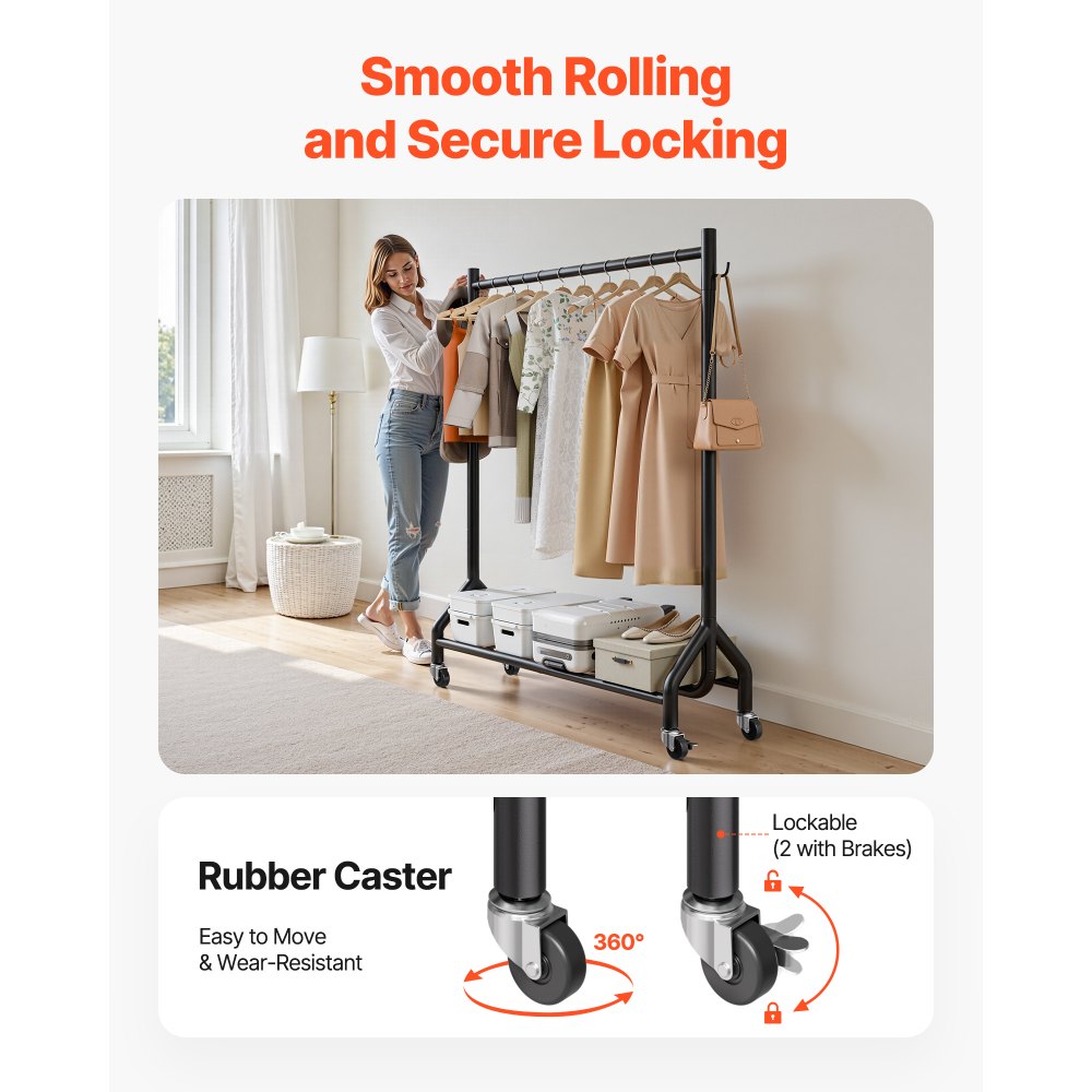 VEVOR Clothes Rack, Rolling Clothing Garment Rack with Hanging Rod and Side Hooks, 198 lbs Load Capacity, Heavy Duty Carbon Steel Clothing Racks with Wheels, Ideal for Bedroom, Laundry, Living Room