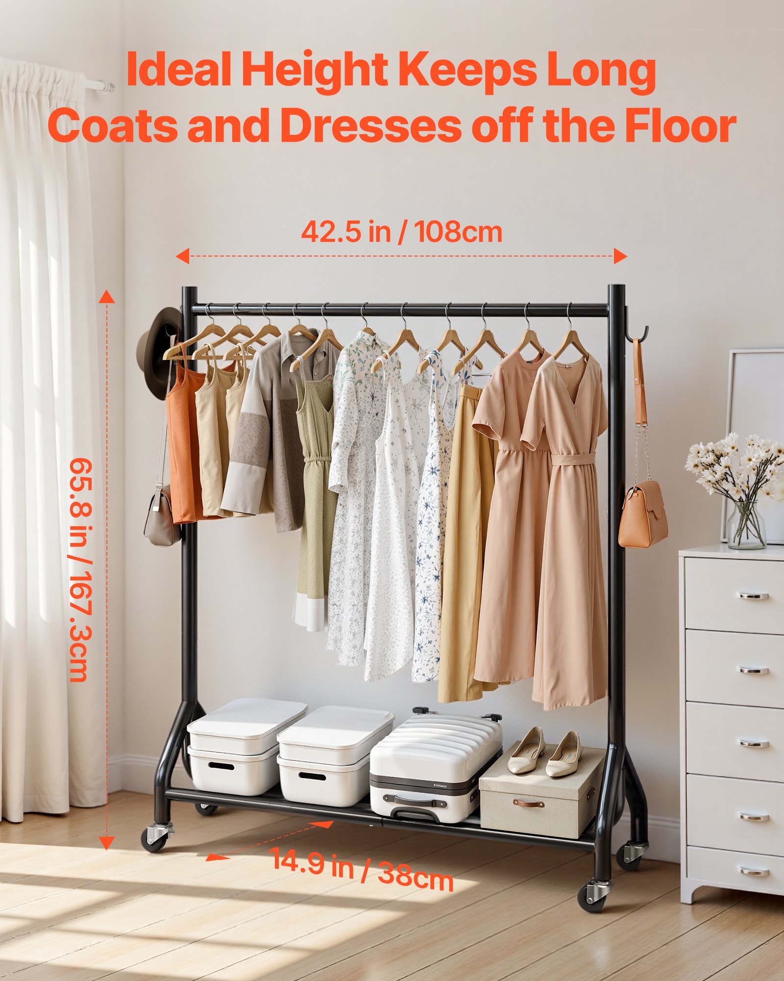 VEVOR Clothes Rack, Rolling Clothing Garment Rack with Hanging Rod and Side Hooks, 90 kg Load Capacity, Heavy Duty Carbon Steel Clothing Racks with Wheels, Ideal for Bedroom, Laundry, Living Room