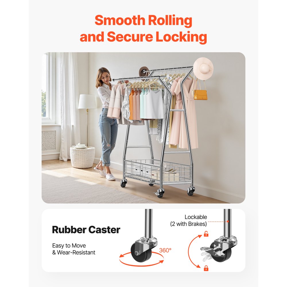 VEVOR Clothes Rack, Rolling Clothing Garment Rack with 2 Hanging Rods and Storage Basket, 150 kg Load Capacity, Extendable Carbon Steel Clothing Racks with Wheels for Bedroom, Laundry, Living Room