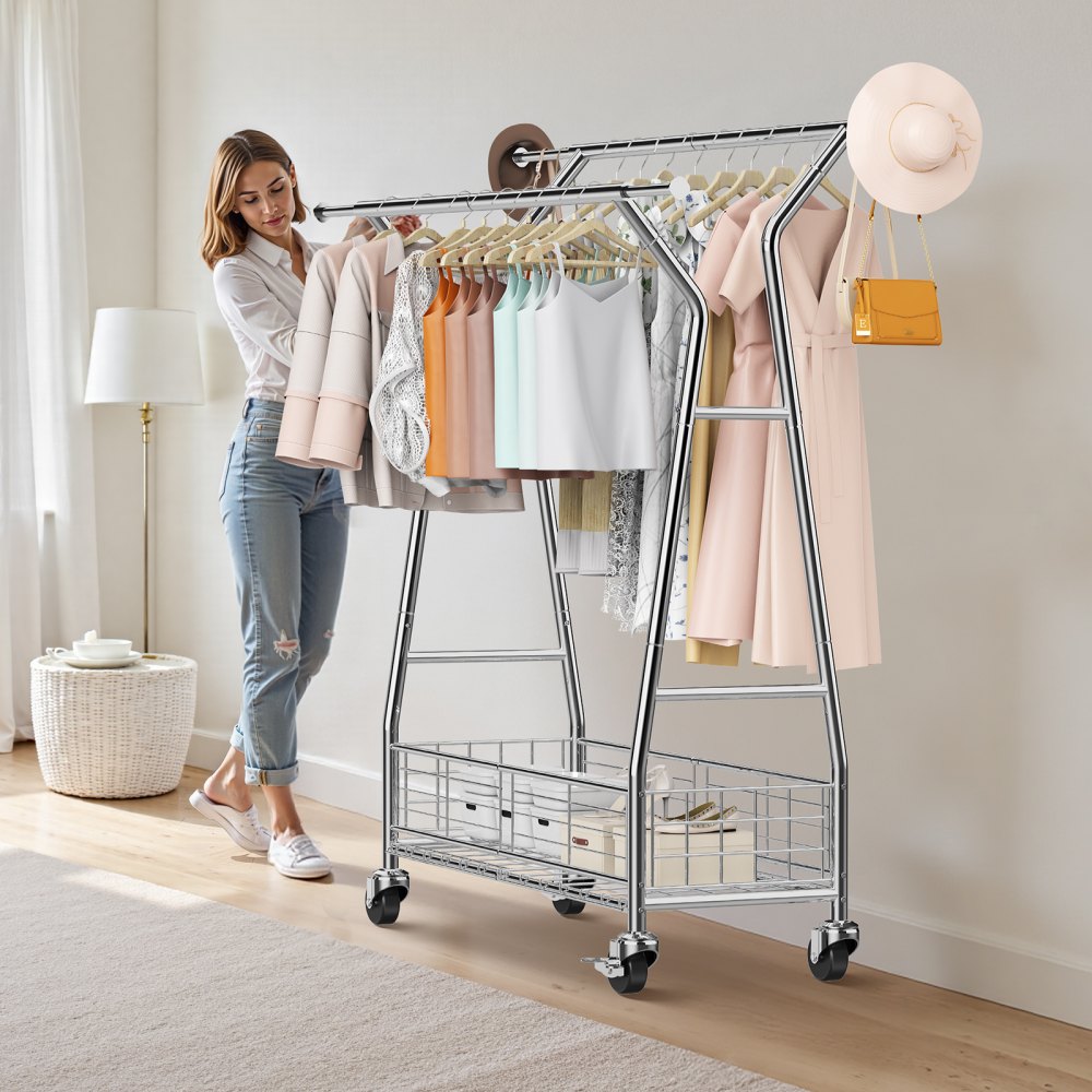 VEVOR Clothes Rack, Rolling Clothing Garment Rack with 2 Hanging Rods and Storage Basket, 150 kg Load Capacity, Extendable Carbon Steel Clothing Racks with Wheels for Bedroom, Laundry, Living Room