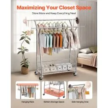 VEVOR Clothes Rack, Rolling Clothing Garment Rack with 2 Hanging Rods and Storage Basket, 330 lbs Load Capacity, Extendable Carbon Steel Clothing Racks with Wheels for Bedroom, Laundry, Living Room