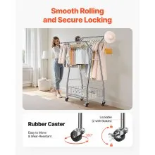VEVOR Clothes Rack, Rolling Clothing Garment Rack with 2 Hanging Rods and Storage Basket, 330 lbs Load Capacity, Extendable Carbon Steel Clothing Racks with Wheels for Bedroom, Laundry, Living Room