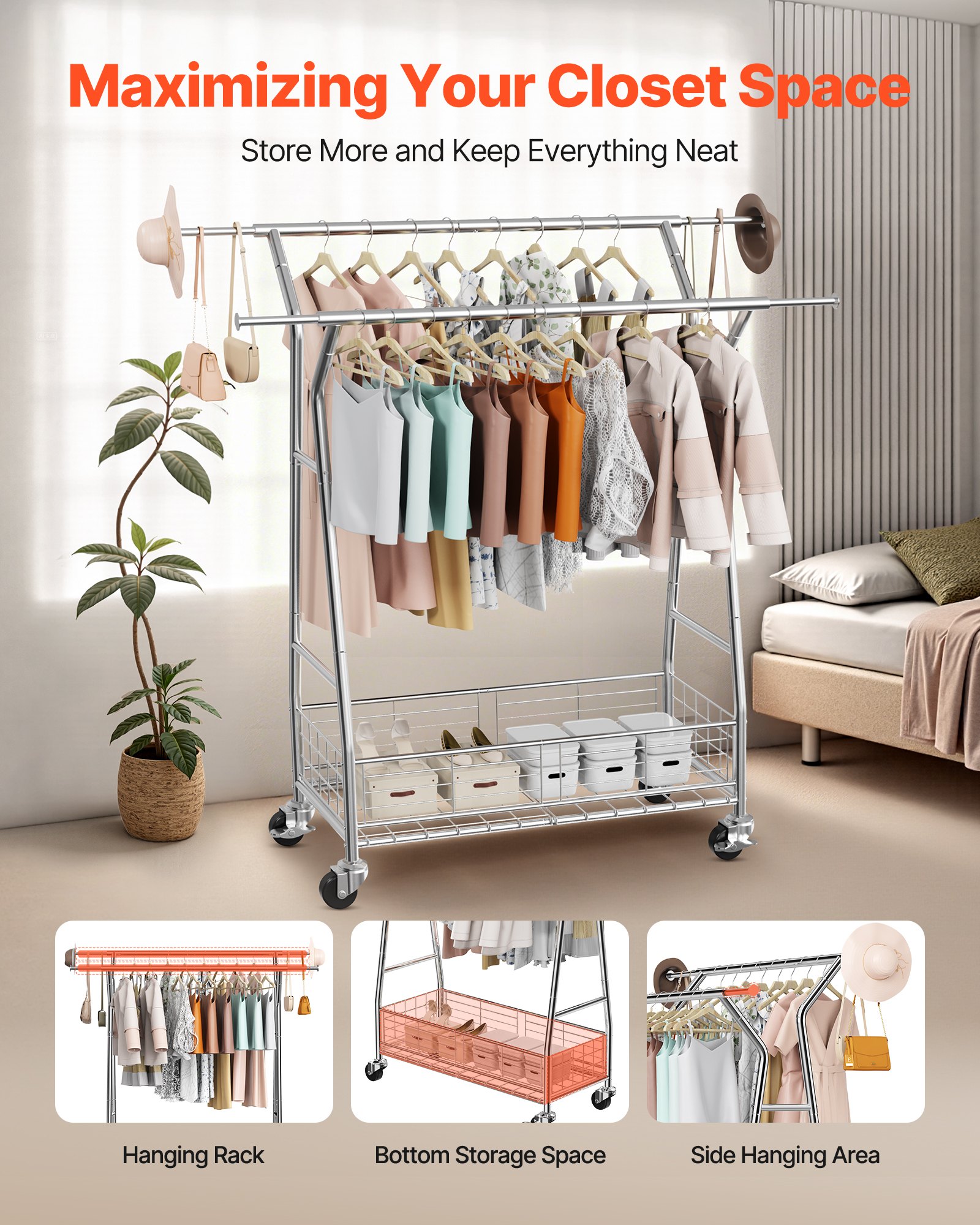 VEVOR Clothes Rack, Rolling Clothing Garment Rack with 2 Hanging Rods and Storage Basket, 150 kg Load Capacity, Extendable Carbon Steel Clothing Racks with Wheels for Bedroom, Laundry, Living Room