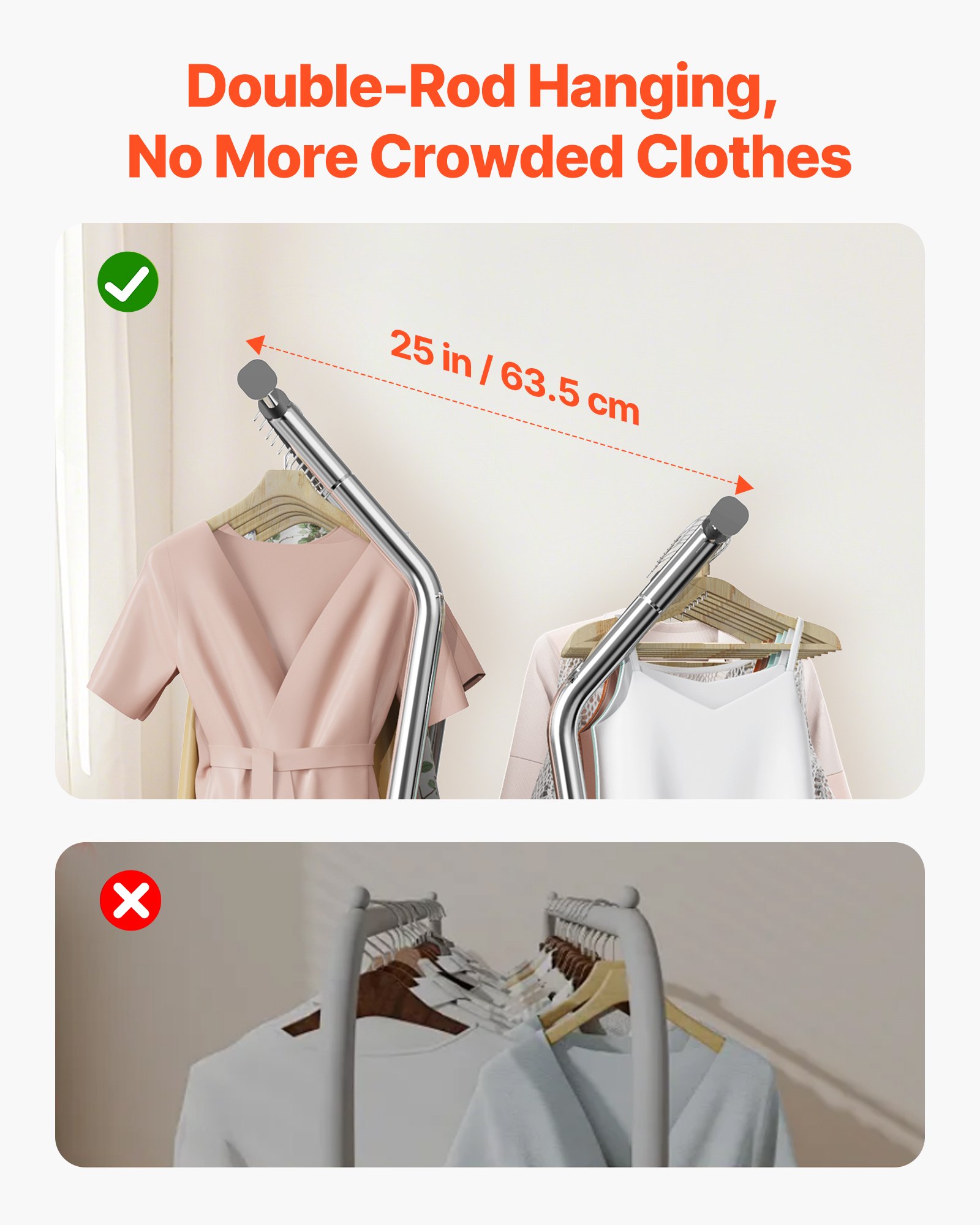 VEVOR Clothes Rack, Rolling Clothing Garment Rack with 2 Hanging Rods and Storage Basket, 150 kg Load Capacity, Extendable Carbon Steel Clothing Racks with Wheels for Bedroom, Laundry, Living Room