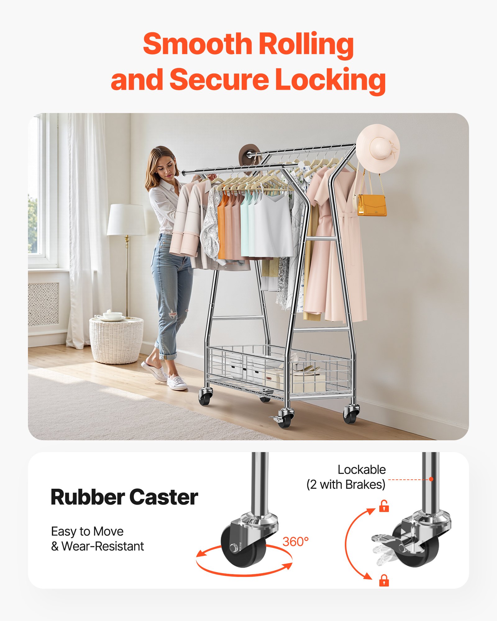 VEVOR Clothes Rack, Rolling Clothing Garment Rack with 2 Hanging Rods and Storage Basket, 150 kg Load Capacity, Extendable Carbon Steel Clothing Racks with Wheels for Bedroom, Laundry, Living Room