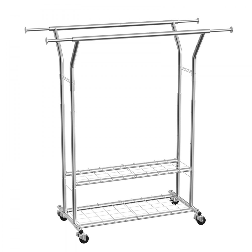 VEVOR Clothes Rack, Rolling Clothing Garment Rack with 2 Hanging Rods and 2 Storage Shelves, 120 kg Load Capacity, Adjustable Height Carbon Steel Clothing Racks for Bedroom, Laundry, Living Room