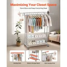 VEVOR Clothes Rack, Rolling Clothing Garment Rack with 2 Hanging Rods and 2 Storage Shelves, 264 lbs Load Capacity, Adjustable Height Carbon Steel Clothing Racks for Bedroom, Laundry, Living Room