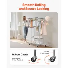VEVOR Clothes Rack, Rolling Clothing Garment Rack with 2 Hanging Rods and 2 Storage Shelves, 264 lbs Load Capacity, Adjustable Height Carbon Steel Clothing Racks for Bedroom, Laundry, Living Room