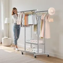 VEVOR Clothes Rack, Rolling Clothing Garment Rack with 2 Hanging Rods and 2 Storage Shelves, 264 lbs Load Capacity, Adjustable Height Carbon Steel Clothing Racks for Bedroom, Laundry, Living Room