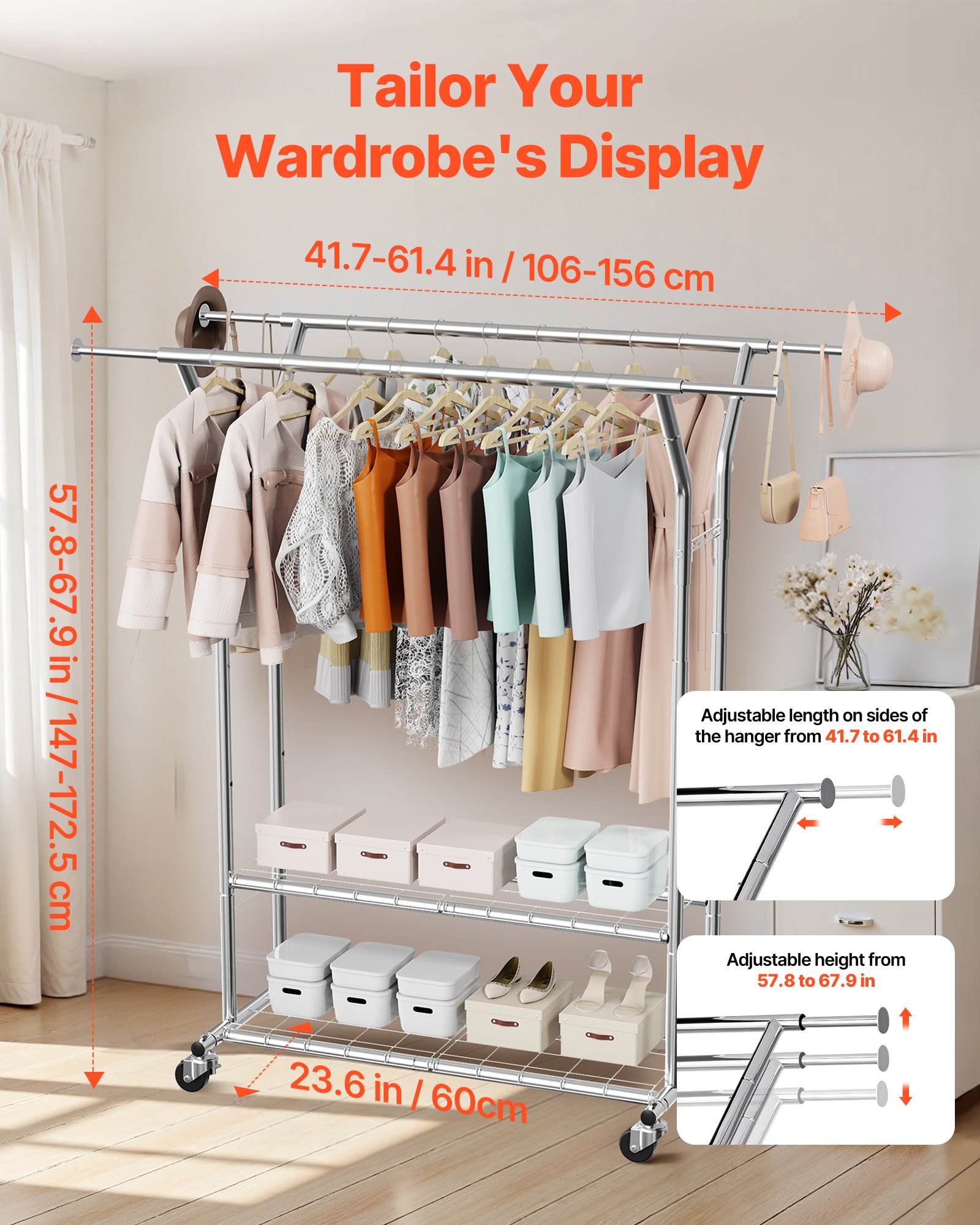 VEVOR Clothes Rack, Rolling Clothing Garment Rack with 2 Hanging Rods and 2 Storage Shelves, 120 kg Load Capacity, Adjustable Height Carbon Steel Clothing Racks for Bedroom, Laundry, Living Room