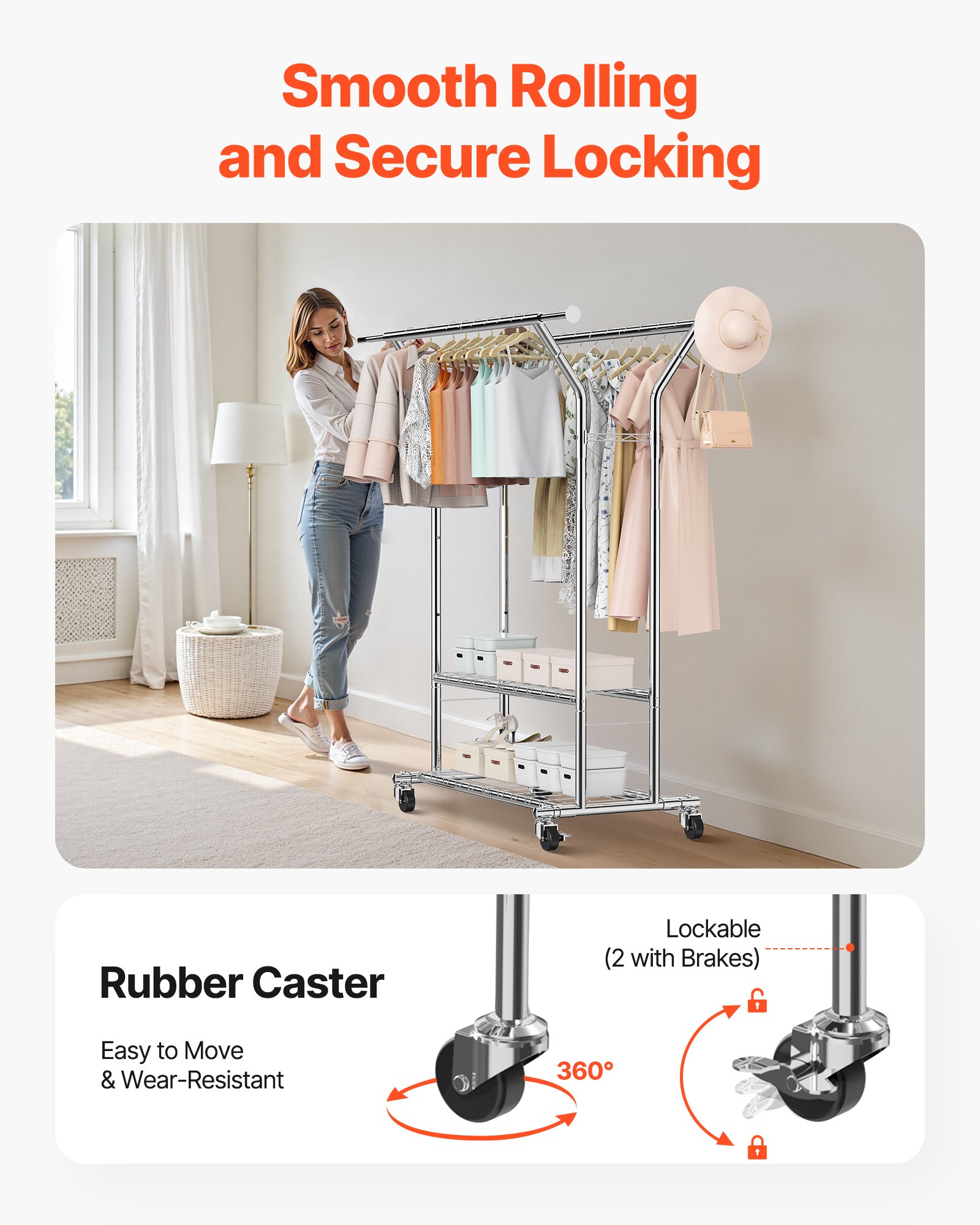 VEVOR Clothes Rack, Rolling Clothing Garment Rack with 2 Hanging Rods and 2 Storage Shelves, 120 kg Load Capacity, Adjustable Height Carbon Steel Clothing Racks for Bedroom, Laundry, Living Room