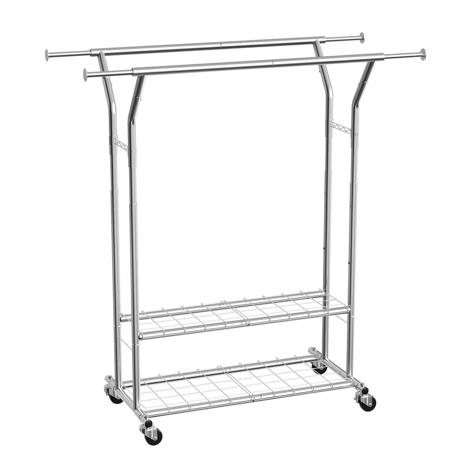 VEVOR Clothes Rack, Rolling Clothing Garment Rack with 2 Hanging Rods and 2 Storage Shelves, 120 kg Load Capacity, Adjustable Height Carbon Steel Clothing Racks for Bedroom, Laundry, Living Room