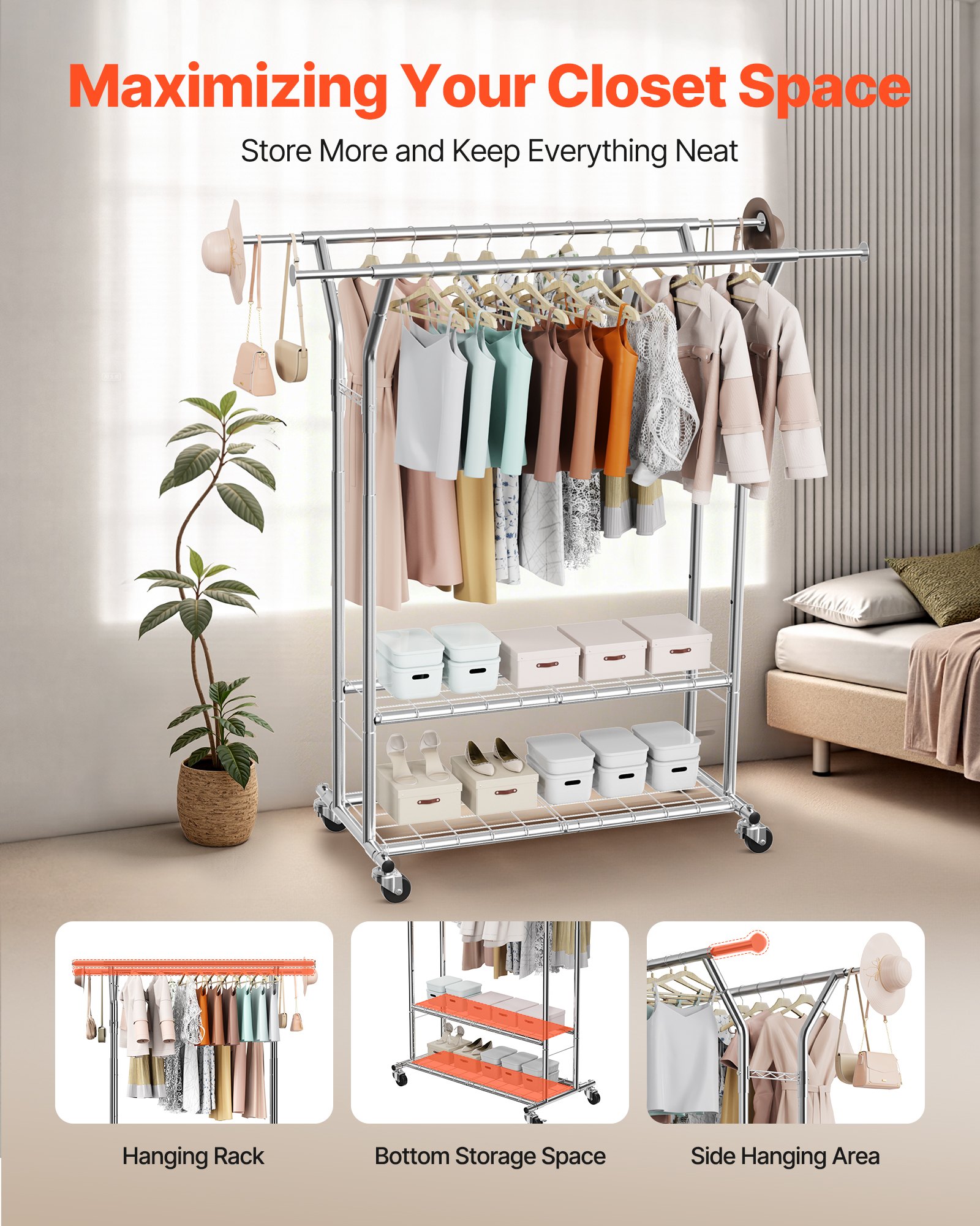 VEVOR Clothes Rack, Rolling Clothing Garment Rack with 2 Hanging Rods and 2 Storage Shelves, 264 lbs Load Capacity, Adjustable Height Carbon Steel Clothing Racks for Bedroom, Laundry, Living Room